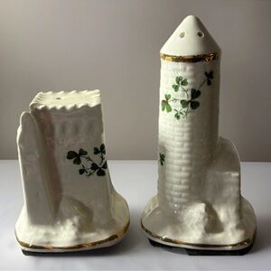 Carrigaline Shamrock Pattern Castle Figural Salt Pepper Shaker Set Cork Ireland